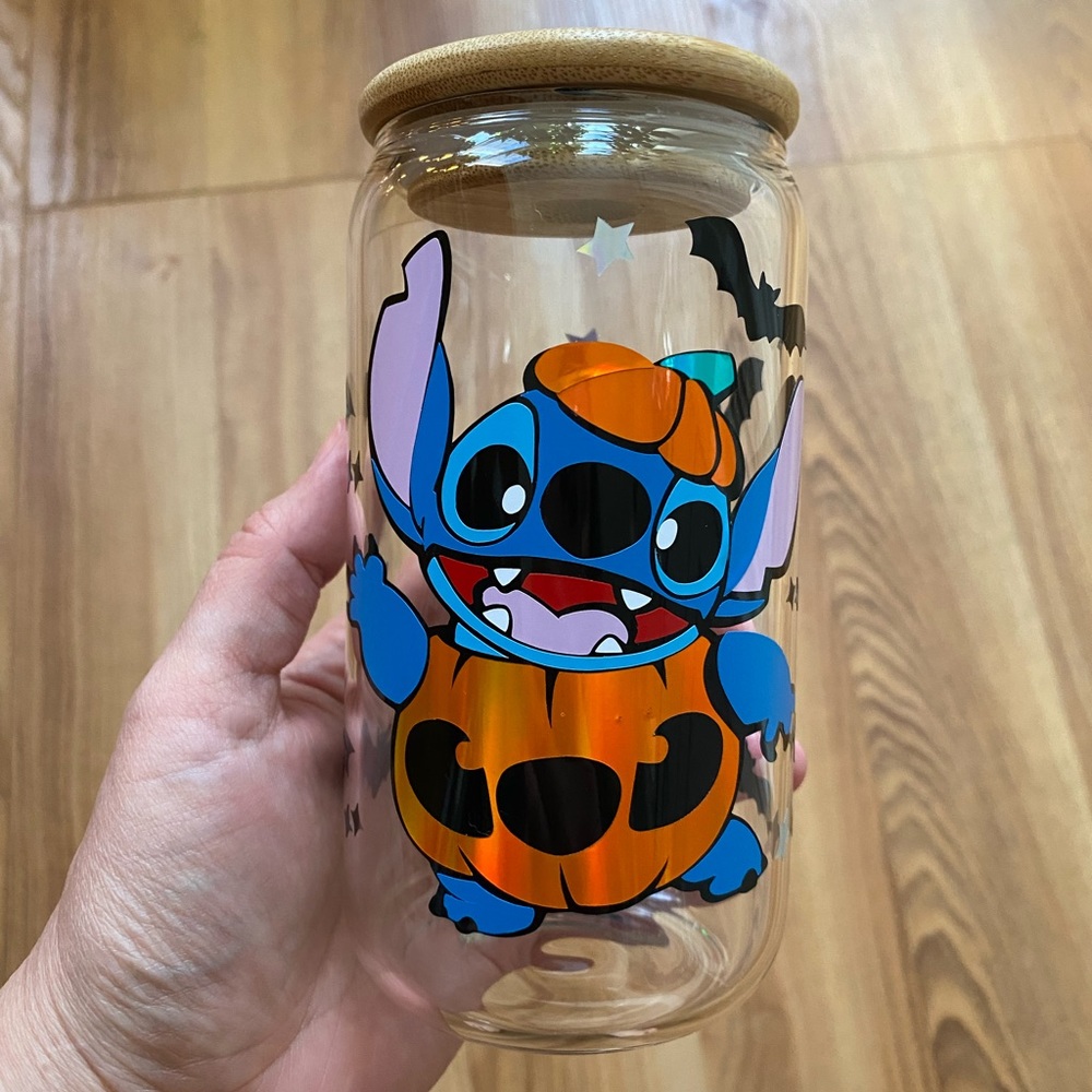 STITCH PUMPKIN HALLOWEEN GLASS CUP WITH BAMBOO LID NEW